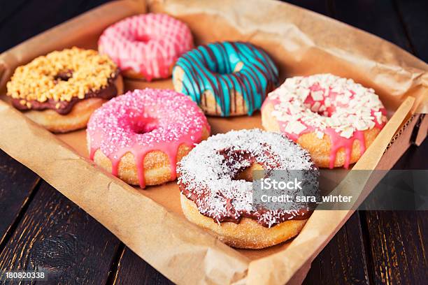 Fresh Homemade Donuts With Various Toppings Stock Photo - Download Image Now - Doughnut, Box - Container, Multi Colored