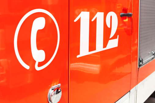 Europe-wide free of charge emergency call 112 displayed on a Fire engine