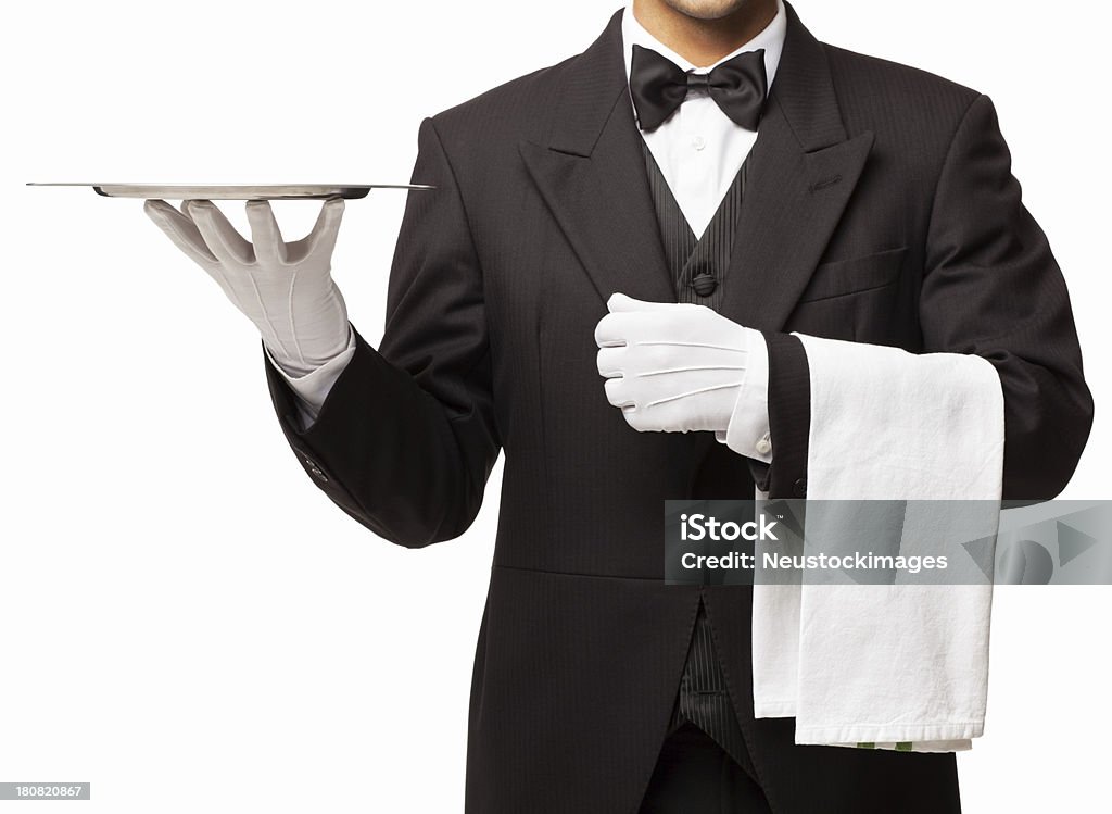 Butler segurando tabuleiro e guardanapo-isolada - Royalty-free Mordomo Foto de stock