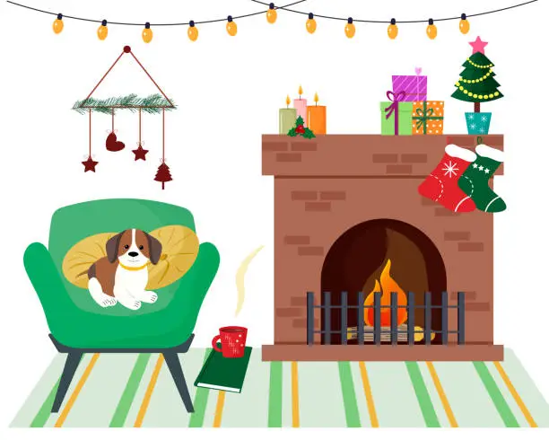 Vector illustration of Interior of a room with a fireplace. Christmas tree and gift boxes, table with cookies and cocoa. Cat in a sweater with deer antlers. Christmas and New Year.