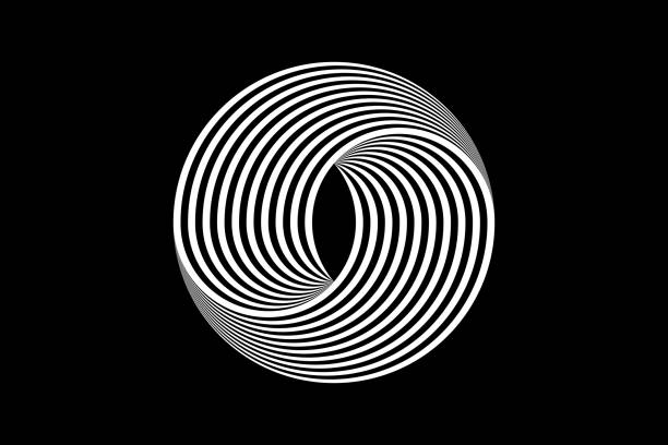 illustrazioni stock, clip art, cartoni animati e icone di tendenza di cerchi astratti in bianco e nero con design logo 3d, motivo geometrico con effetto di distorsione visiva. illusione di rotazione. op art. vettore isolato su sfondo nero - twisted light striped abstract