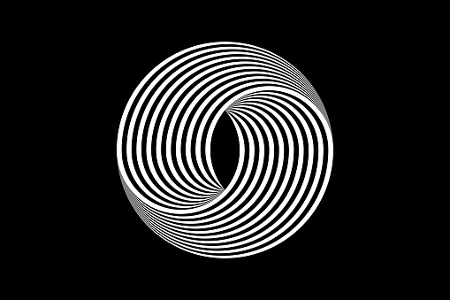 3D logo design abstract black and white circles, geometric pattern with visual distortion effect. Illusion of rotation. Op art. Vector isolated on black background