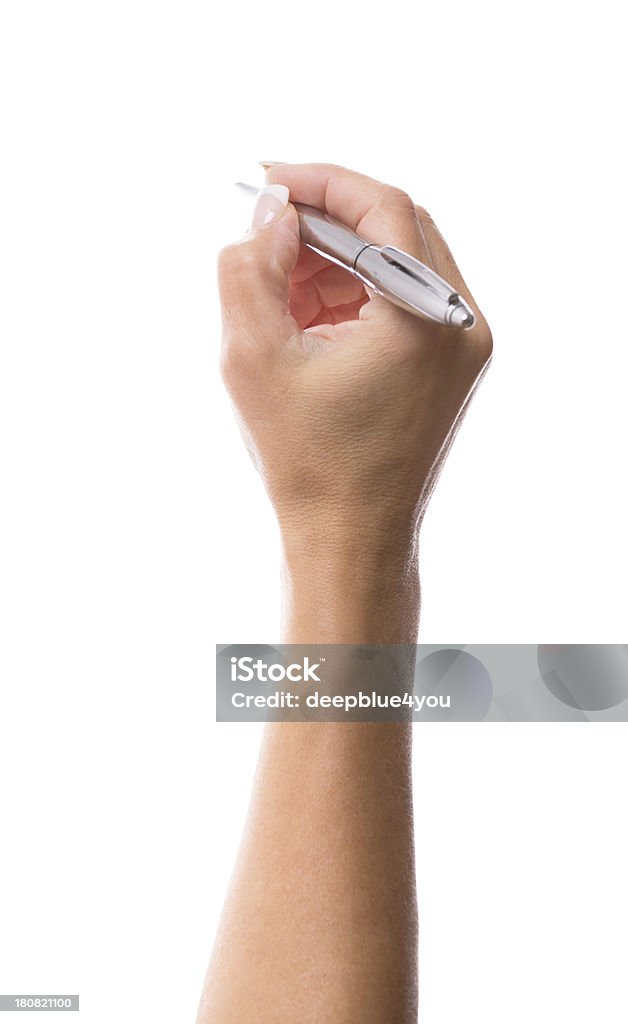 Escribir macho mano con pluma roja sobre blanco - Foto de stock de Agarrar libre de derechos