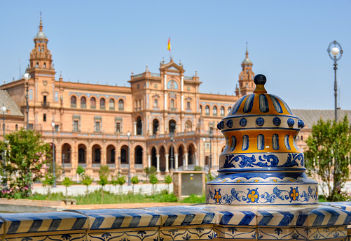 Spain Square or Plaza de Espana in Seville in a sunny day, Andalusia, Spain. Bridge and channel in the foreground