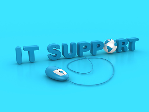 3D Word IT Support with Globe World Map and Computer Mouse - Color Background - 3D Rendering