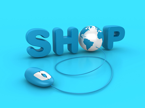 3D Word Shop with Globe World Map and Computer Mouse - Color Background - 3D Rendering