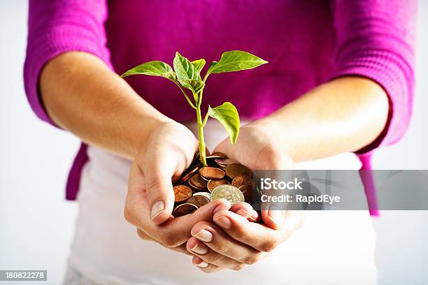 Manos Femenina Albergar Plántula Sorprendentemente Creciente De Monedas Foto de stock y más banco de imágenes de Abono