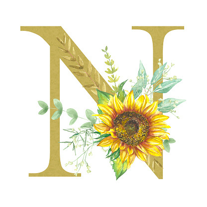Floral Alphabet - Letter N. The alphabet letters are a muted gold color, decorated with watercolor flowers of sunflower, eucalyptus and various herbs. Wedding, birthday, children's party