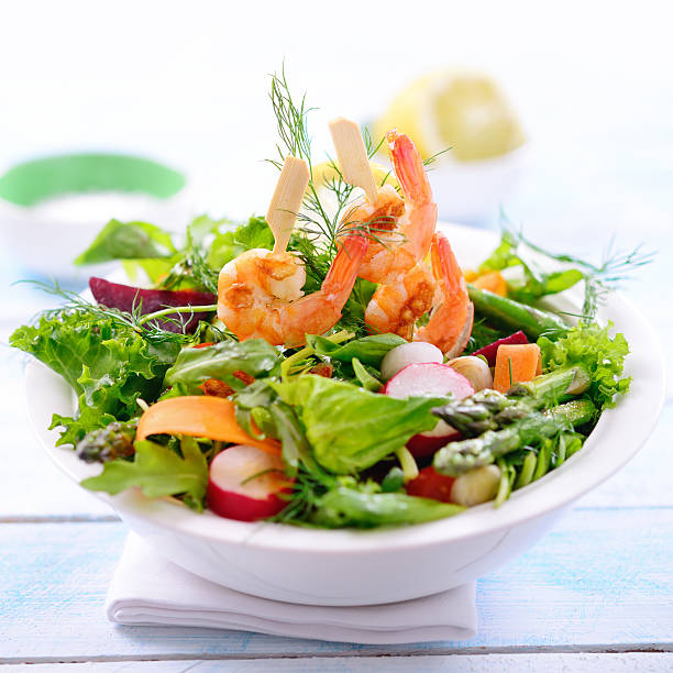 green salad with fried prawn