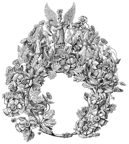 antique illustration of greek funeral garland or wreath - morbid angel stock illustrations