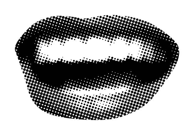 Retro halftone mouth. Woman's smile. Retro halftone mouth. Modern collage. Woman's smile. Pop art dotted style. Laughing mouth. Trendy vintage newspaper parts. Lips with halftone texture. Paper cutout element. Y2K style. Body part laughing stock illustrations