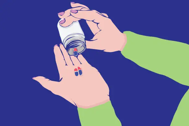 Vector illustration of Taking a pill of nutritional supplement