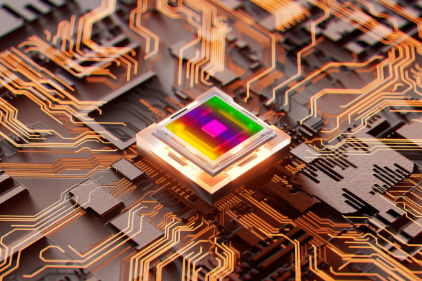 Futuristic microchip and digital data flowing. AI concept Digitally generated image of purple glowing futuristic semiconductor and digital data flowing. Innovation, AI and cybersecurity concepts. quantum stock pictures, royalty-free photos & images