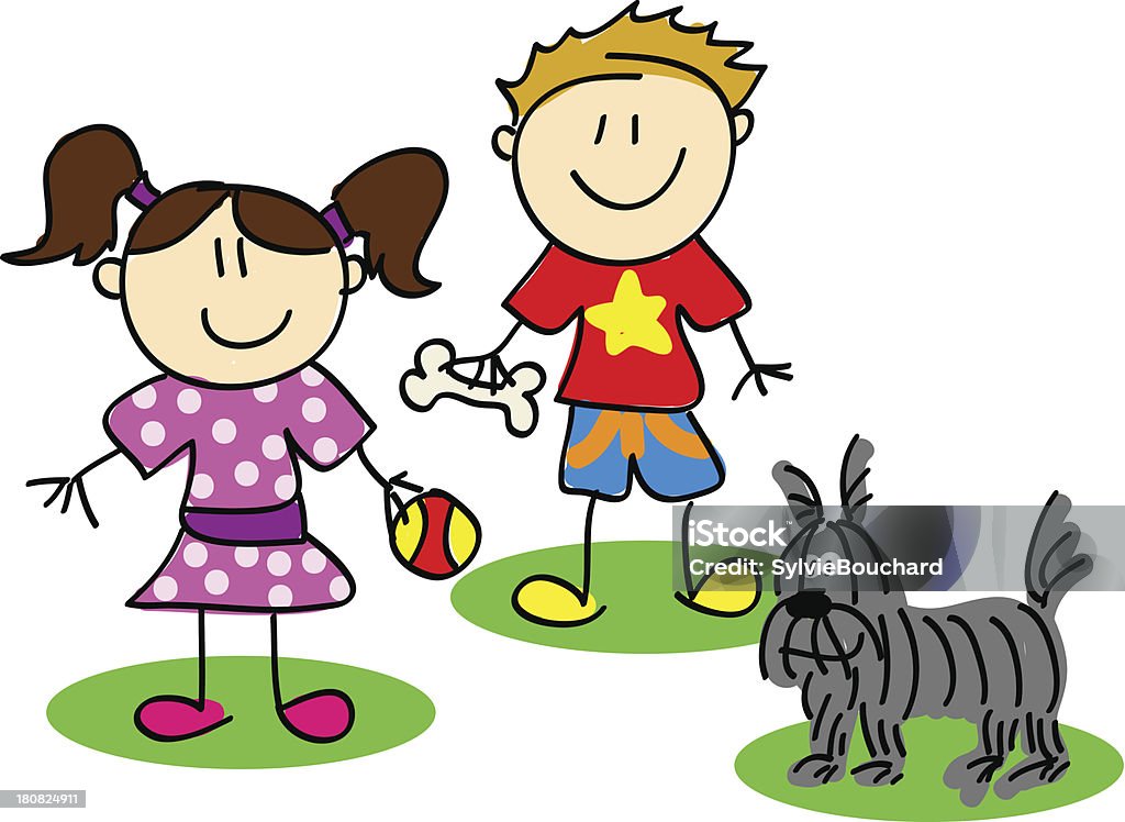 Stick figures with dog Fun stick figure cartoon kids, little boy and girl playing with dog Stick Figure stock vector