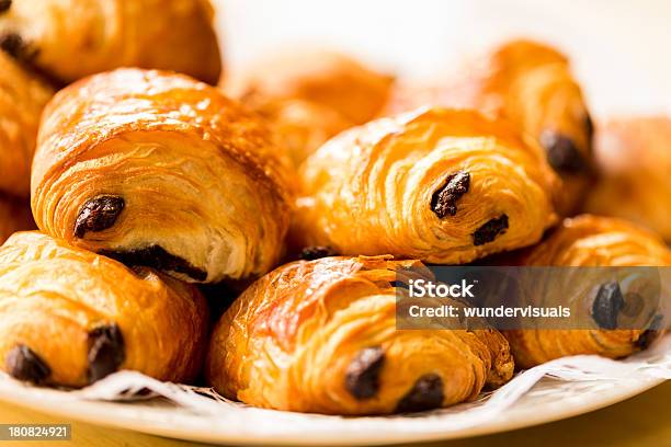 Fresh Chocolate Croissants On A Plate Stock Photo - Download Image Now - Pain Au Chocolat, Chocolate, Croissant