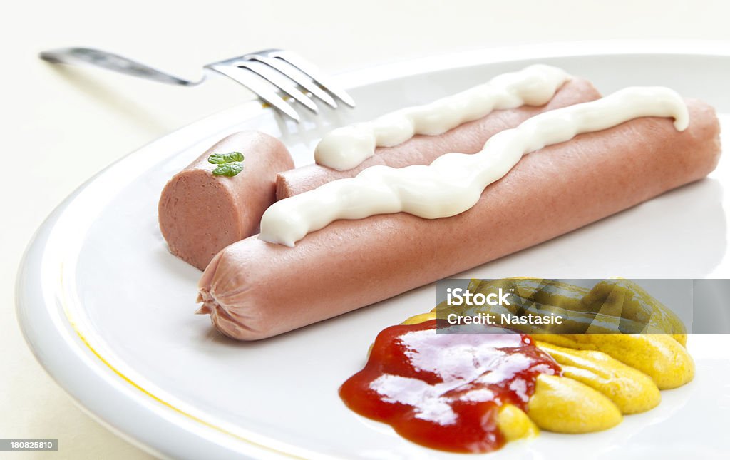 Hot dog "Hot dog on white plate ,with sauces" Chicken Meat Stock Photo