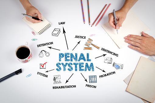 Penal System Concept. The meeting at the white office table.