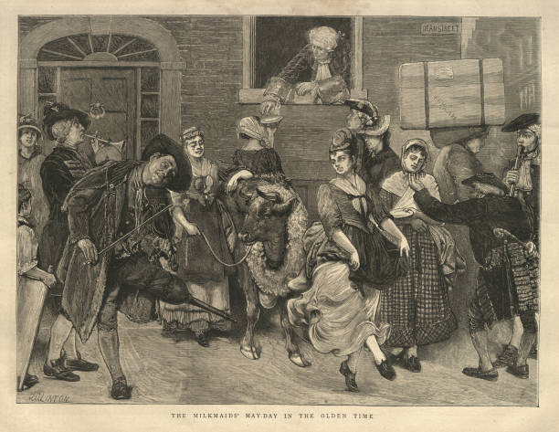 Vintage illustration Milkmaids may day procession, London 18th Century, fiddler with peg leg, woman dancing
