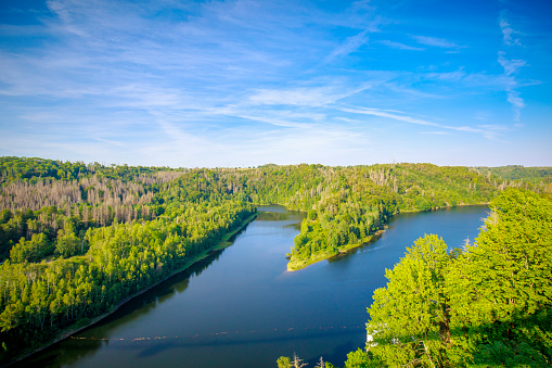 Pedestrian suspension bridge above Rappbodetalsperre lake and Rappbode River in Harz Mountains National Park, Germany