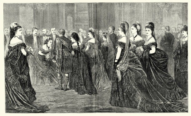 Vintage illustration People being presented to the Royals in drawing room, Buckingham Palace, Victorian, 1872 19th Century