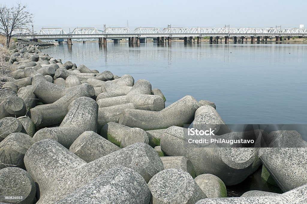 Calcestruzzo tetrapods fodera Riva del fiume in Giappone - Foto stock royalty-free di Acqua