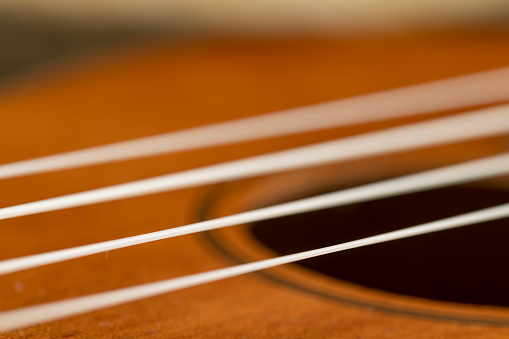 Macro image showing the bridge and the strings held up by the saddles on the body of a vintage style electric guitar.
