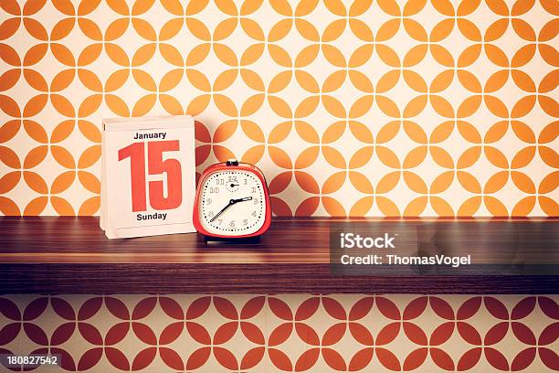 Retro Style Alarm Clock And Calendar On Shelf Stock Photo - Download Image Now - Calendar, Retro Style, Alarm Clock