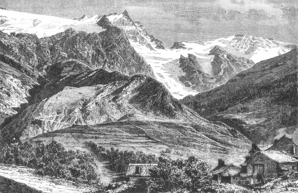 ilustrações, clipart, desenhos animados e ícones de glaciar la grave la meije, ilustração vintage antiga, 1898 - glacier mountain ice european alps