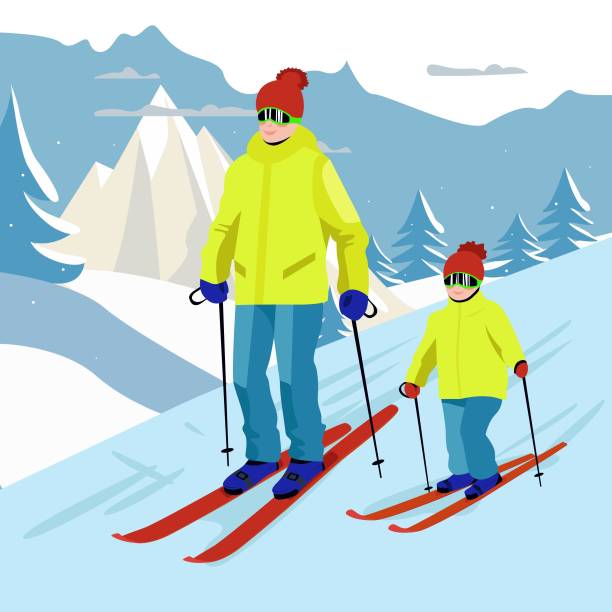 Skiers Ski resort. Mountains. Father and child skiing. kids snow suits stock illustrations