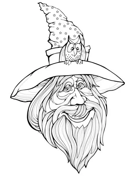 Vector illustration of Fantasy drawing of cute old wizard from fairyland. Black and white page for coloring book. Modern print for fashion, beauty, embroidery, decoration, tattoo. Hand-drawn vector illustration.