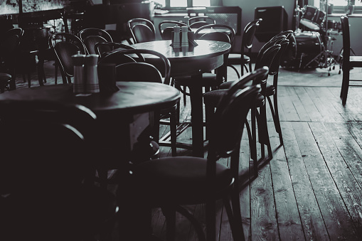 Calm interior of a jazz cafe in black and white tones