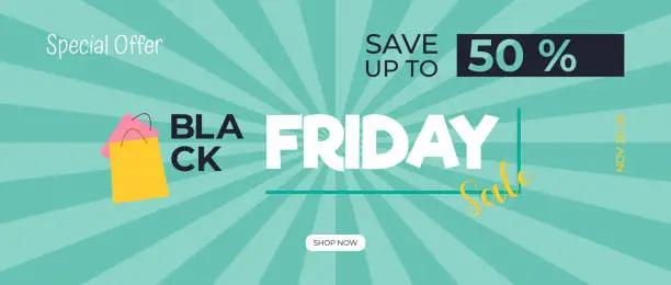 Vector illustration of Black Friday Sale horizontal banner with shopping cart for advertising and flyers