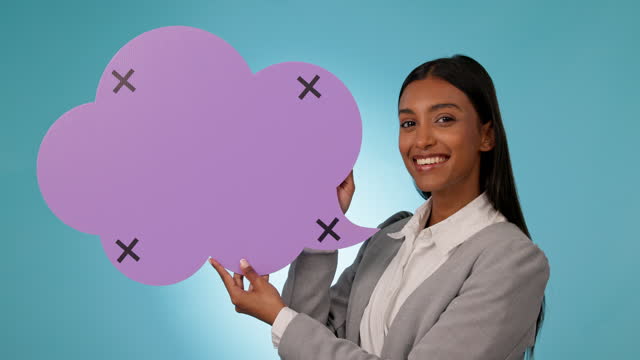 Social media, speech bubble and happy business woman with voice sign, mockup communication poster or feedback opinion. Studio portrait, branding space or Indian person announcement on blue background