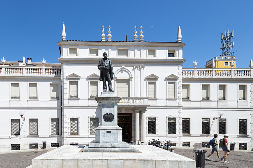 Padova, Veneto, Italy - Jun 22nd, 2023: View of Piazza Cavour and statue of Camillo Benso, Conte di Cavour in Padua city center