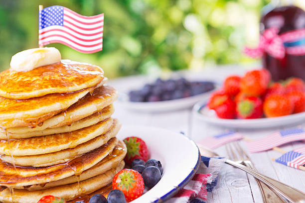 istock Stack of pancakes with fresh fruit, syrup and butter 180830630