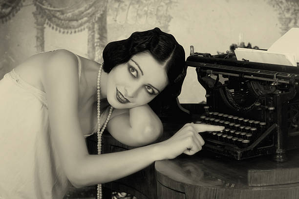 istock 1920s flapper woman posing beside latest technology 180831124