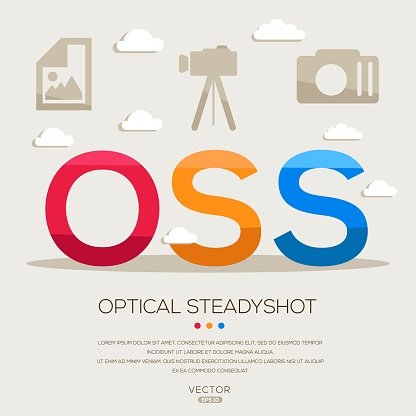 OSS _ Optical Steady Shot, letters and icons, and vector illustration.