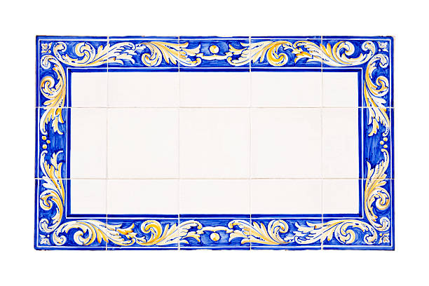 Spanish Tiled Panel "Spanish, antique ceramic tile panel border, with white blank tiles for text or graphics. Isolated on a white background. Good copy space. Works in portrait or landscape formats" portuguese culture photos stock pictures, royalty-free photos & images