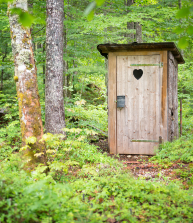 A typical outhouse with heart carving located up high in the middle of an Austrian Nature Reserve.