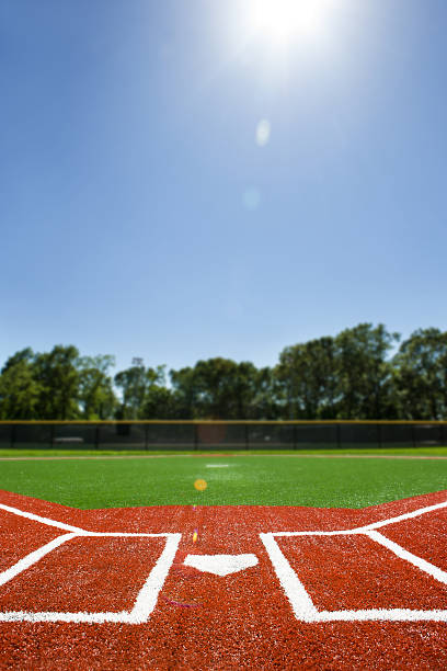 Baseball Diamond View from behind Home base of a Baseball diamond for little league. Artificial turf. home plate stock pictures, royalty-free photos & images