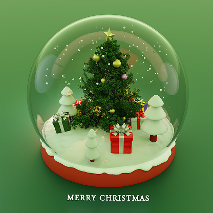 Christmas crystal ball 3d illustration. 3d realistic Christmas tree with gifts and the tiny pine trees on  a bright green background for xmas decoration collection design.
