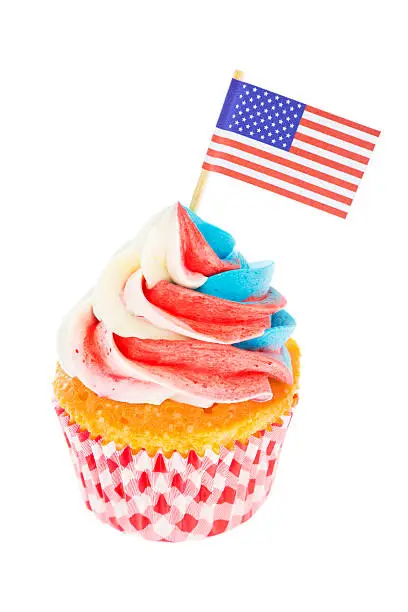 Red-white-and-blue cupcakes with an American flag on a white background.