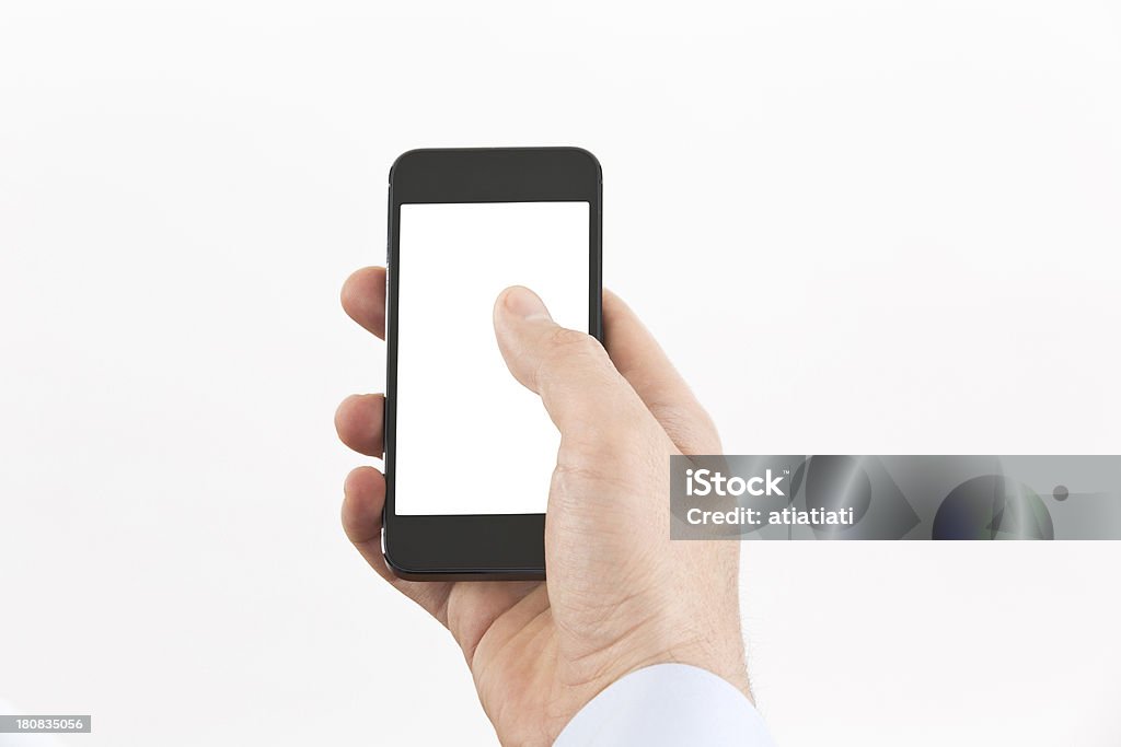 Mano de hombre usando teléfono inteligente aislado sobre blanco - Foto de stock de Adulto libre de derechos