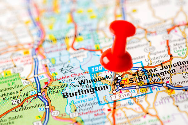 istock US capital cities on map series: Burlington, VT 180835155
