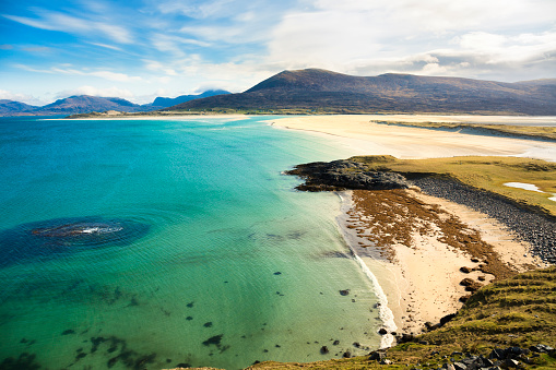 Seilebost Beach on Harris in the Outer Hebrides of Scotland, looking over the Sound of Taransay and the Atlantic Ocean.