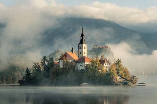 Famous alpine Bled Lake (Blejsko jezero) Santa Maria Church in Slovenia