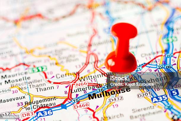 Europe Cities On Map Series Mulhouse Stock Photo - Download Image Now - Cartography, Close-up, Color Image