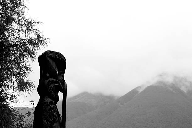 Close-Up Of Old Weathered Female Statue By Mountains Against Sky