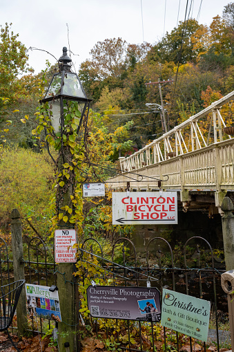 Clinton, USA - October 29, 2023. Lamp by bridge in Clinton, New Jersey, USA
