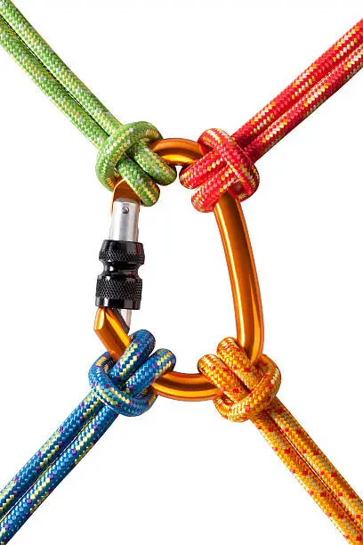 Four knotted ropes to a carabiner. Photo with clipping path.Some similar pictures from my portfolio: